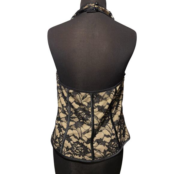 Cache Black Lace Floral Overlay Nude Mesh V Neck Halter Rhinestone Buckle Sz L - Picture 5 of 7